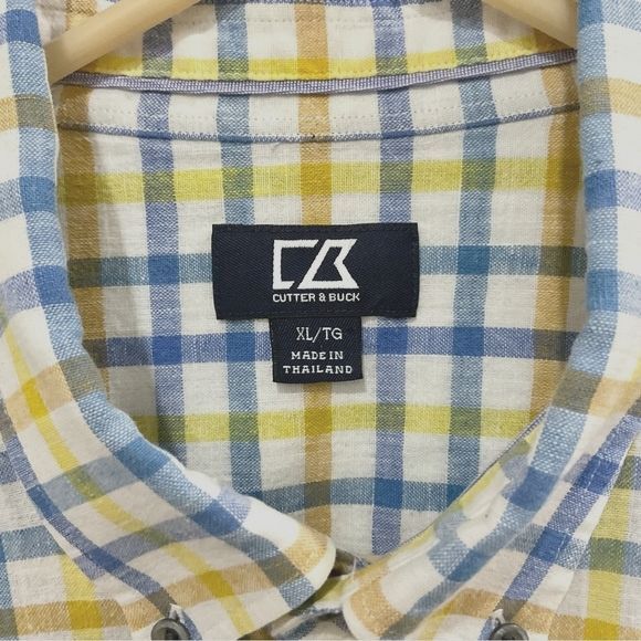 Cutter & Buck Linen Shirt Yellow & Blue Plaid Button Up Linen Blend Sz XL - Picture 2 of 5